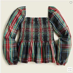 J. Crew Puff Sleeve Smocked Top in Stewart Tartan Size Medium NWoT